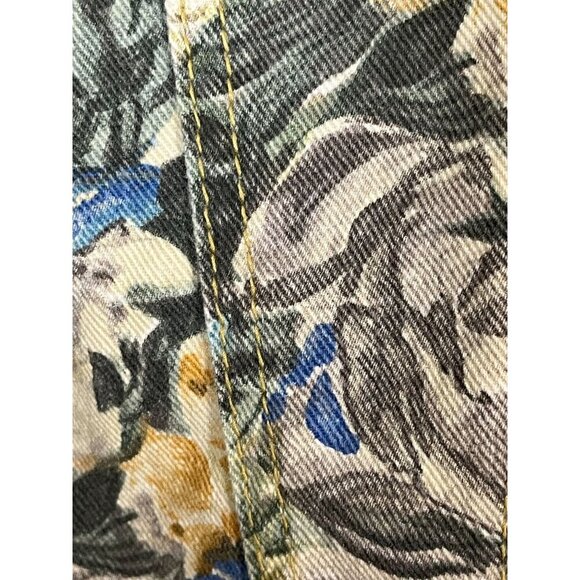 Retro Floral Crop Denim Jacket L Tan Tropical Preppy Chic Cottagecore 80s Artsy - Picture 4 of 11